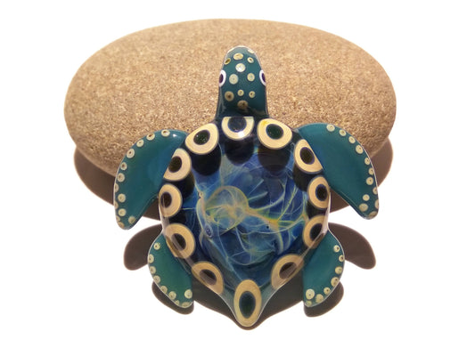Glass Tribal Turtle Necklace, Blue Ocean Turtle, Handmade Glass Pendant, Glass Art Jewelry, Turtle Lover Collector, Cute Glass Sea Life Gift