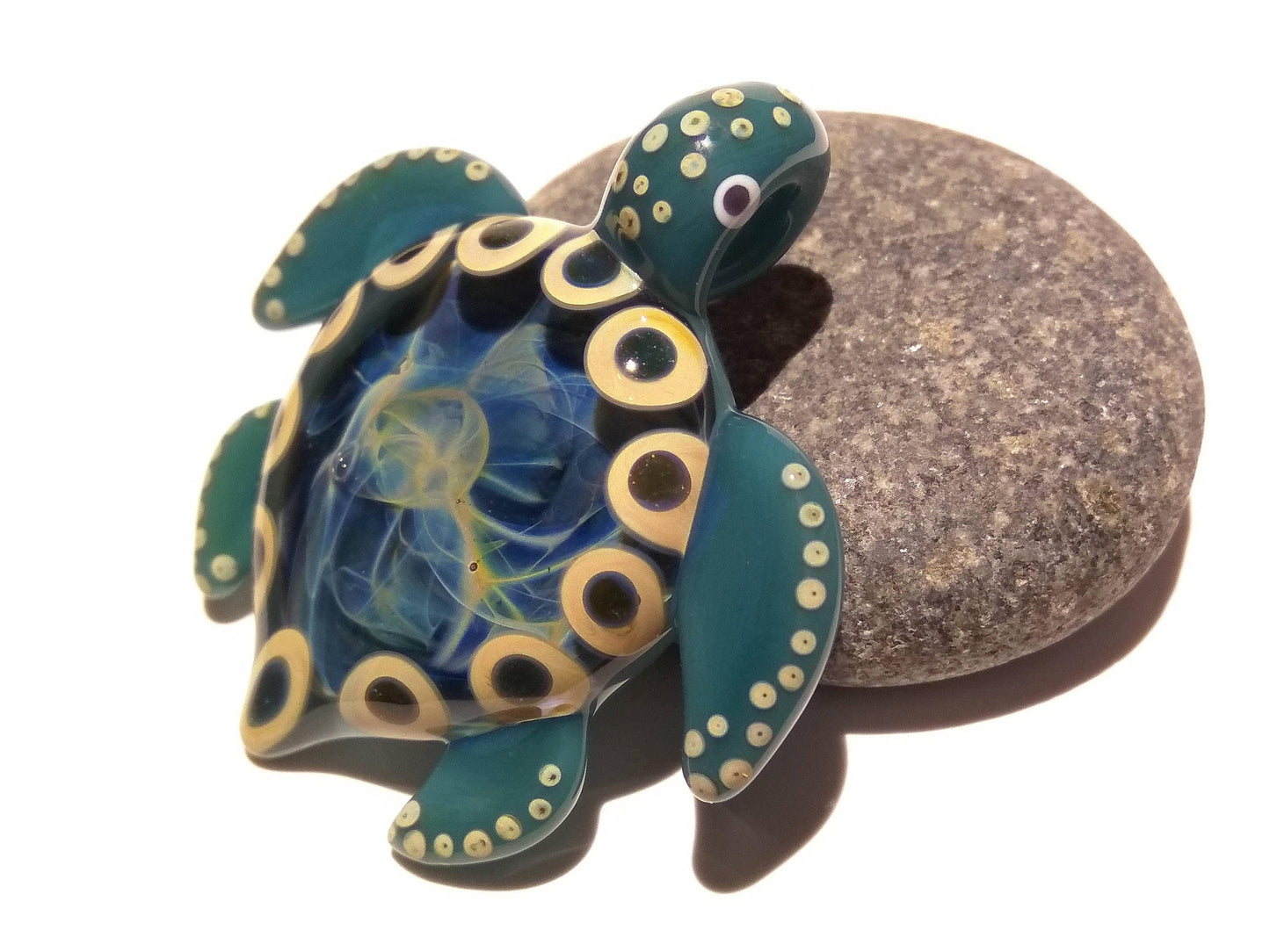 Glass Tribal Turtle Necklace, Blue Ocean Turtle, Handmade Glass Pendant, Glass Art Jewelry, Turtle Lover Collector, Cute Glass Sea Life Gift