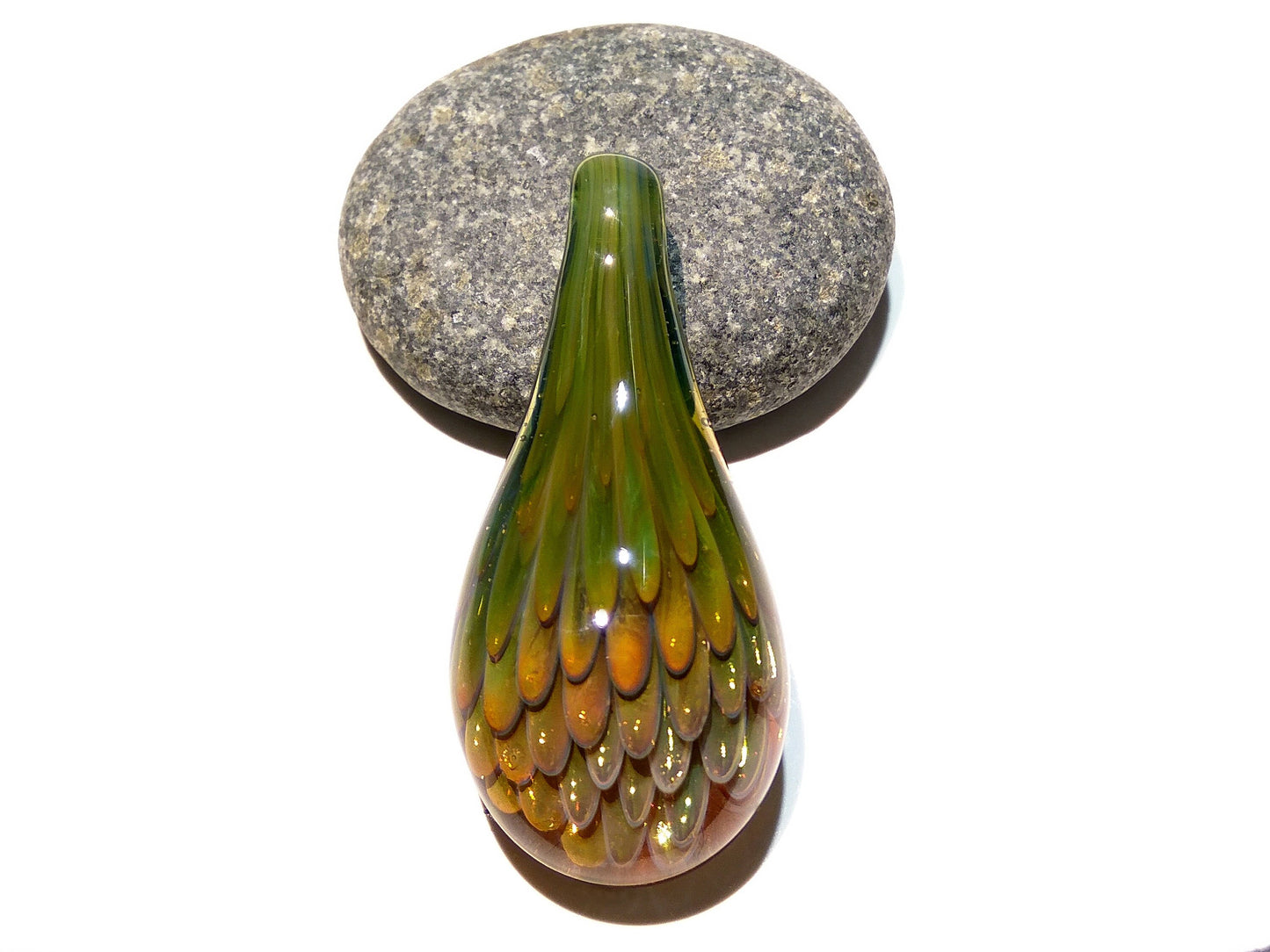 Glass Necklace Pendant - Handmade Jewelry - Blown Glass - Gold Flower - Jade Green - Teardrop - Gold Shimmer - Art