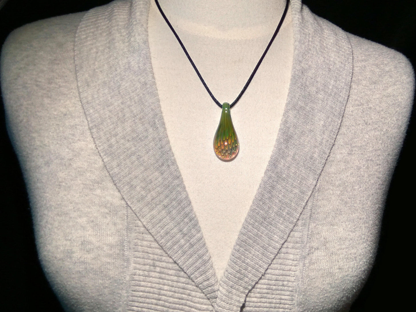 Glass Necklace Pendant - Handmade Jewelry - Blown Glass - Gold Flower - Jade Green - Teardrop - Gold Shimmer - Art