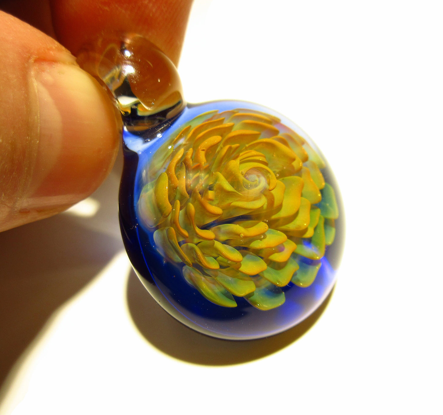 Glass Flower - Pendant - A Handcrafted Glass Art Focal Bead made by Michaela - Flower with Cobal Blue Glass Background. Pendant Necklace.