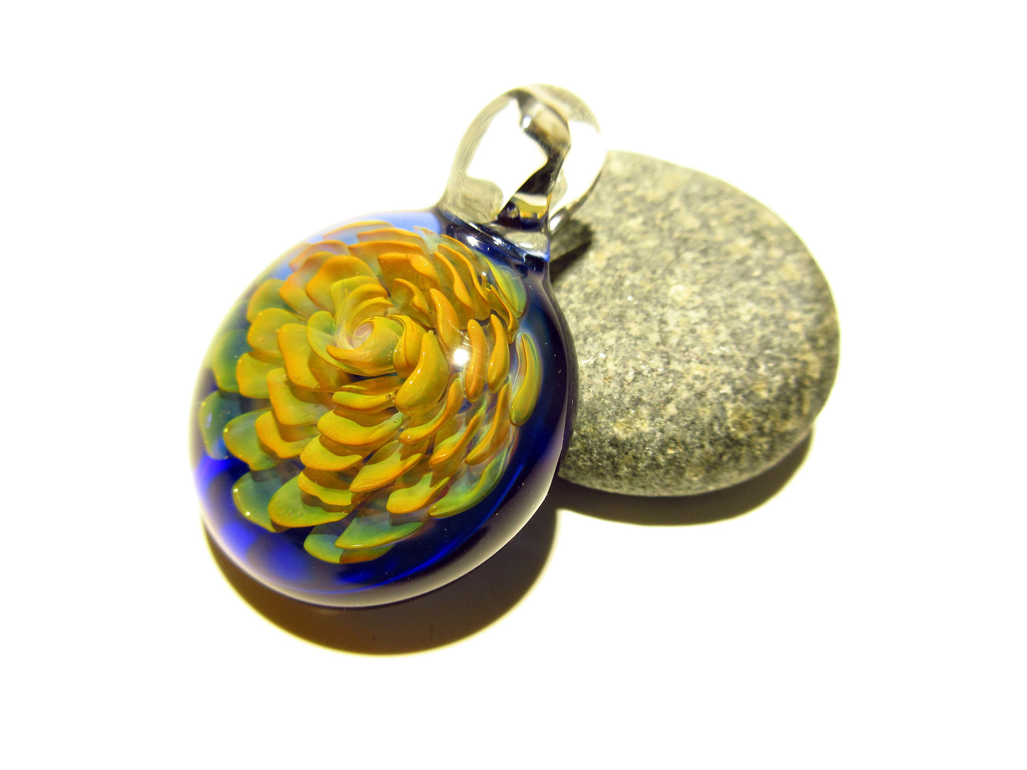 Glass Flower - Pendant - A Handcrafted Glass Art Focal Bead made by Michaela - Flower with Cobal Blue Glass Background. Pendant Necklace.