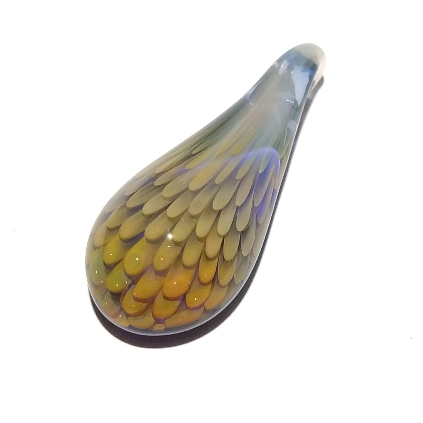 Feather & Flower Design- Handblown Jewelry - Unique Gift Glass - Creative Flocal Pendant - Teardrop Shape - Sunset Colors - 3D Glass Art