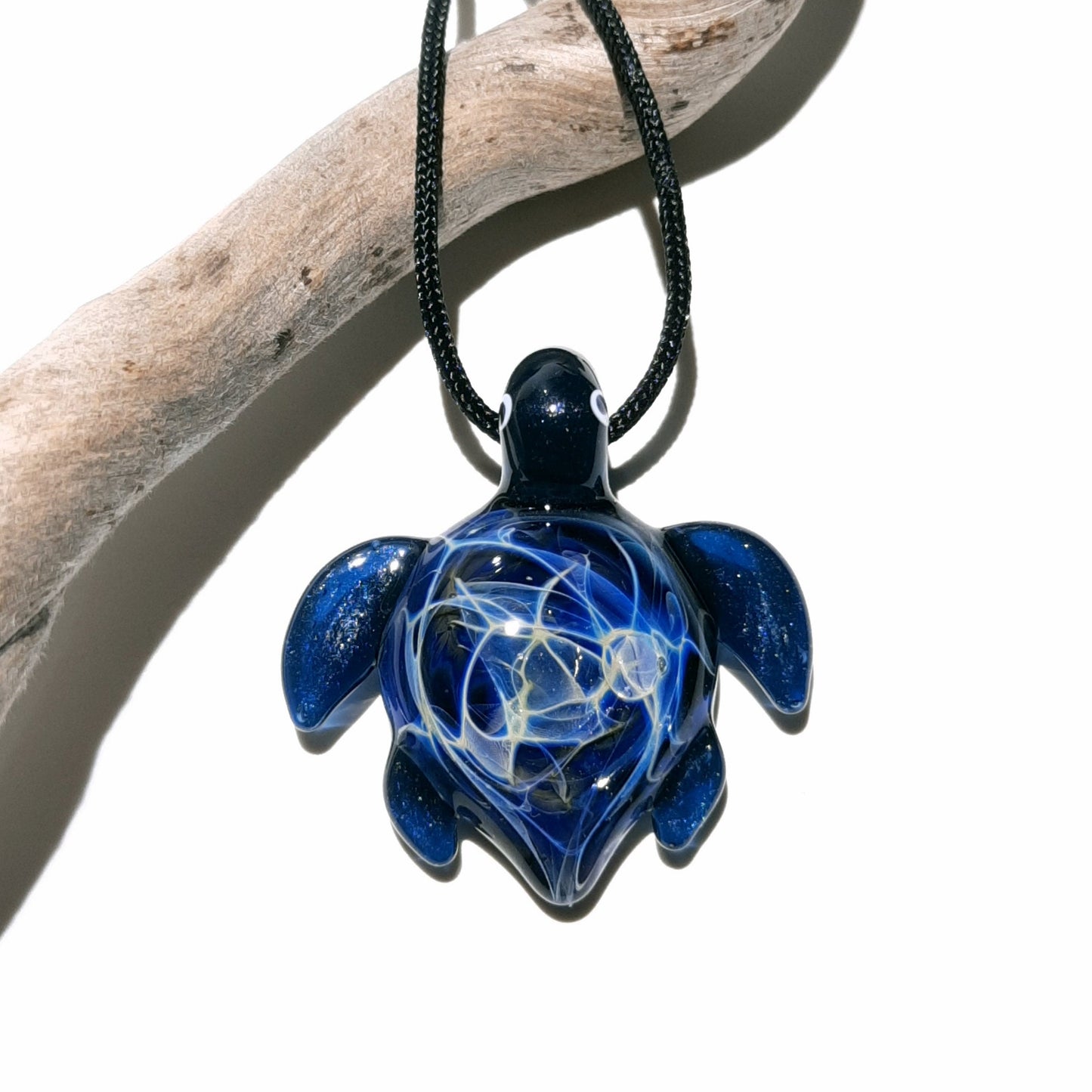 Glass Turtle - Baby Midnight Starburst Turtle Pendant - Glass Pendant - Glass Jewelry - Blown Glass - Artist Signed - Details of Silver