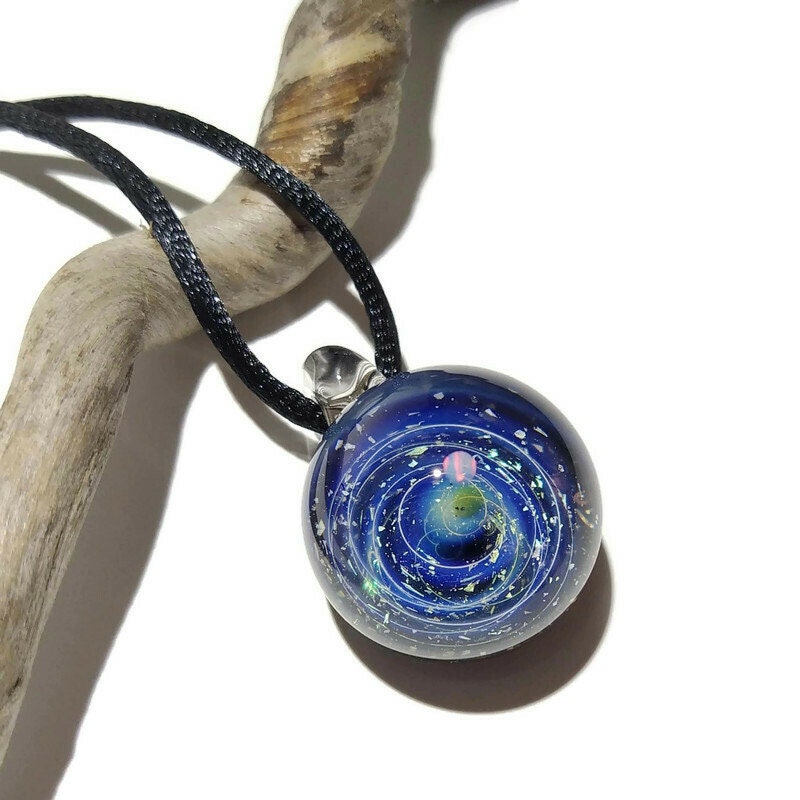 Glass Galaxy Pendant, With A white Opal Planet - Blue Solar System, Cosmic Gift Idea, Unique Space Gift, Universe in Glass, Handmade Glass