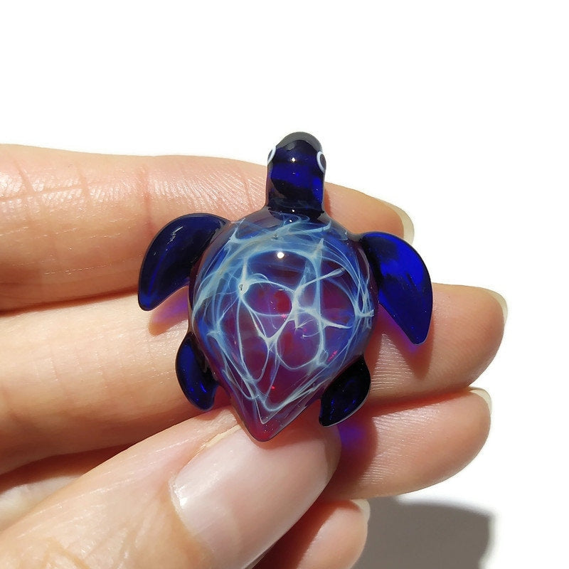 Glass Turtle - Baby Blue Violet Turtle Pendant - Glass Pendant - Cute Glass Jewelry - Blown Glass - Artist Signed - Details of Silver