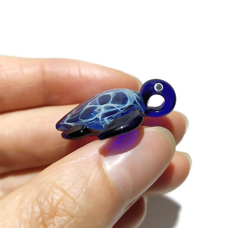 Glass Turtle - Baby Blue Violet Turtle Pendant - Glass Pendant - Cute Glass Jewelry - Blown Glass - Artist Signed - Details of Silver