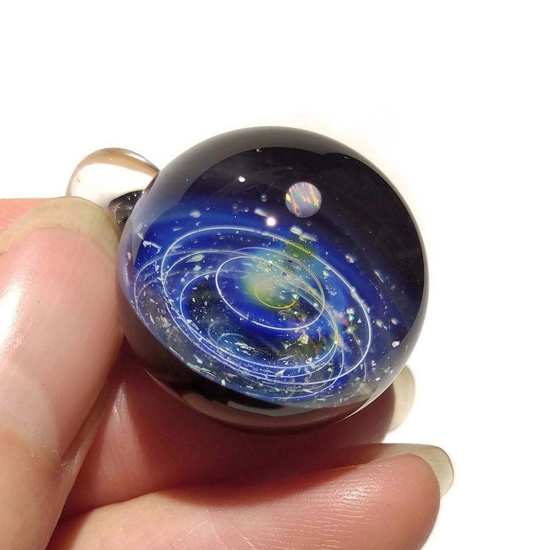 Glass Galaxy Pendant, With A white Opal Planet - Blue Solar System, Cosmic Gift Idea, Unique Space Gift, Universe in Glass, Handmade Glass