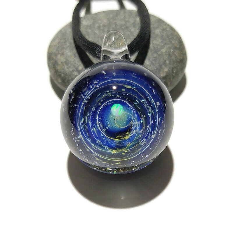 Glass Galaxy Pendant, With A white Opal Planet - Blue Solar System, Cosmic Gift Idea, Unique Space Gift, Universe in Glass, Handmade Glass