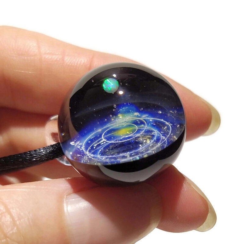 Glass Galaxy Pendant, With A white Opal Planet - Blue Solar System, Cosmic Gift Idea, Unique Space Gift, Universe in Glass, Handmade Glass