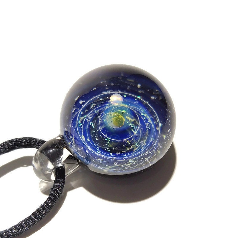 Glass Galaxy Pendant, With A white Opal Planet - Blue Solar System, Cosmic Gift Idea, Unique Space Gift, Universe in Glass, Handmade Glass