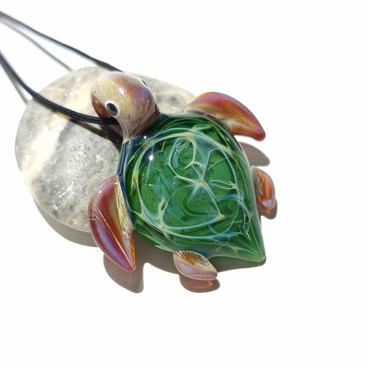 Miniture Water Fern Turtle Pendant - Glass Pendant -Glass Jewelry - Glass Art - Turtle -Blown Glass - Artist Signed - Details of Pure Silver