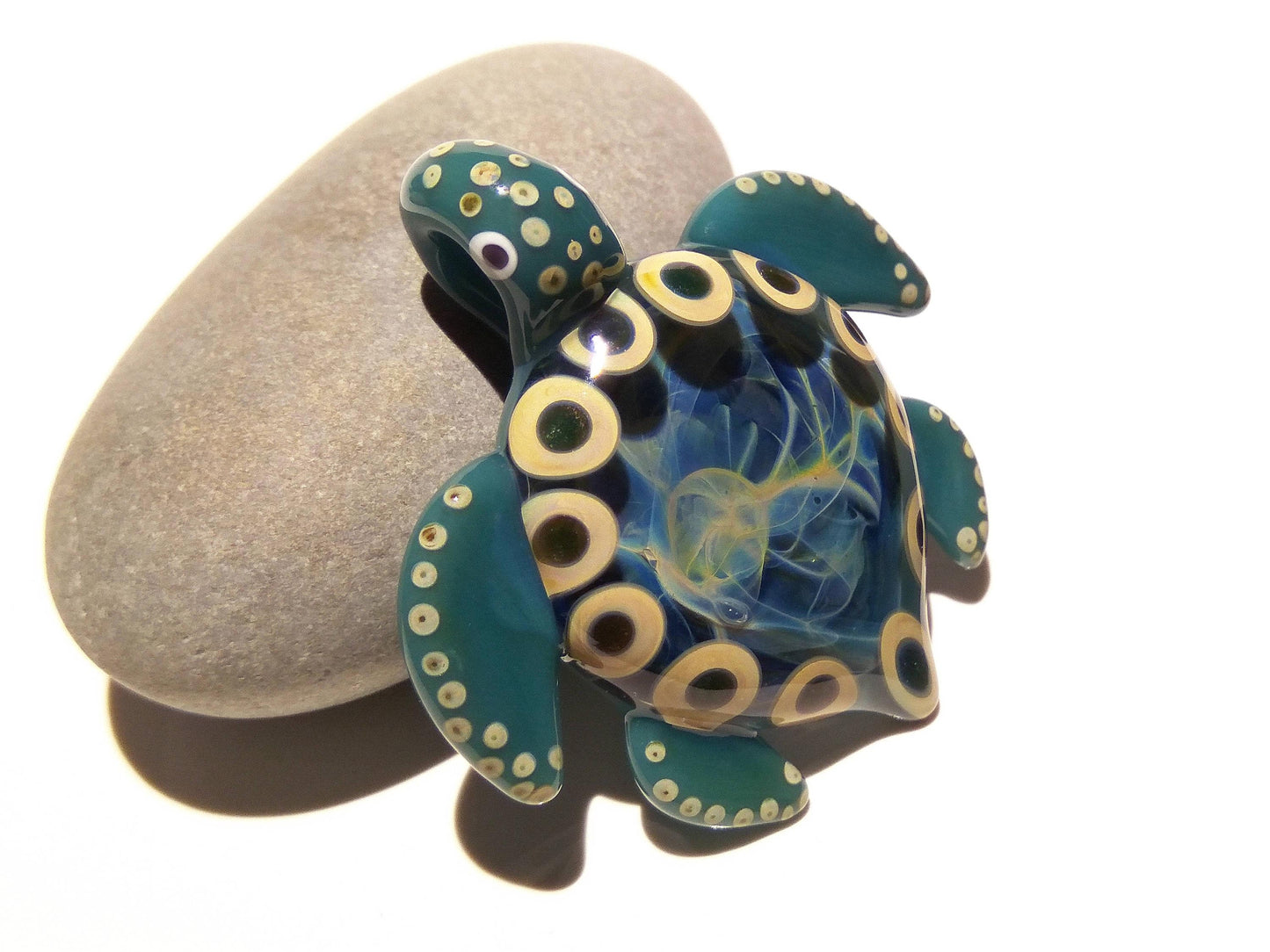 Glass Tribal Turtle Necklace, Blue Ocean Turtle, Handmade Glass Pendant, Glass Art Jewelry, Turtle Lover Collector, Cute Glass Sea Life Gift