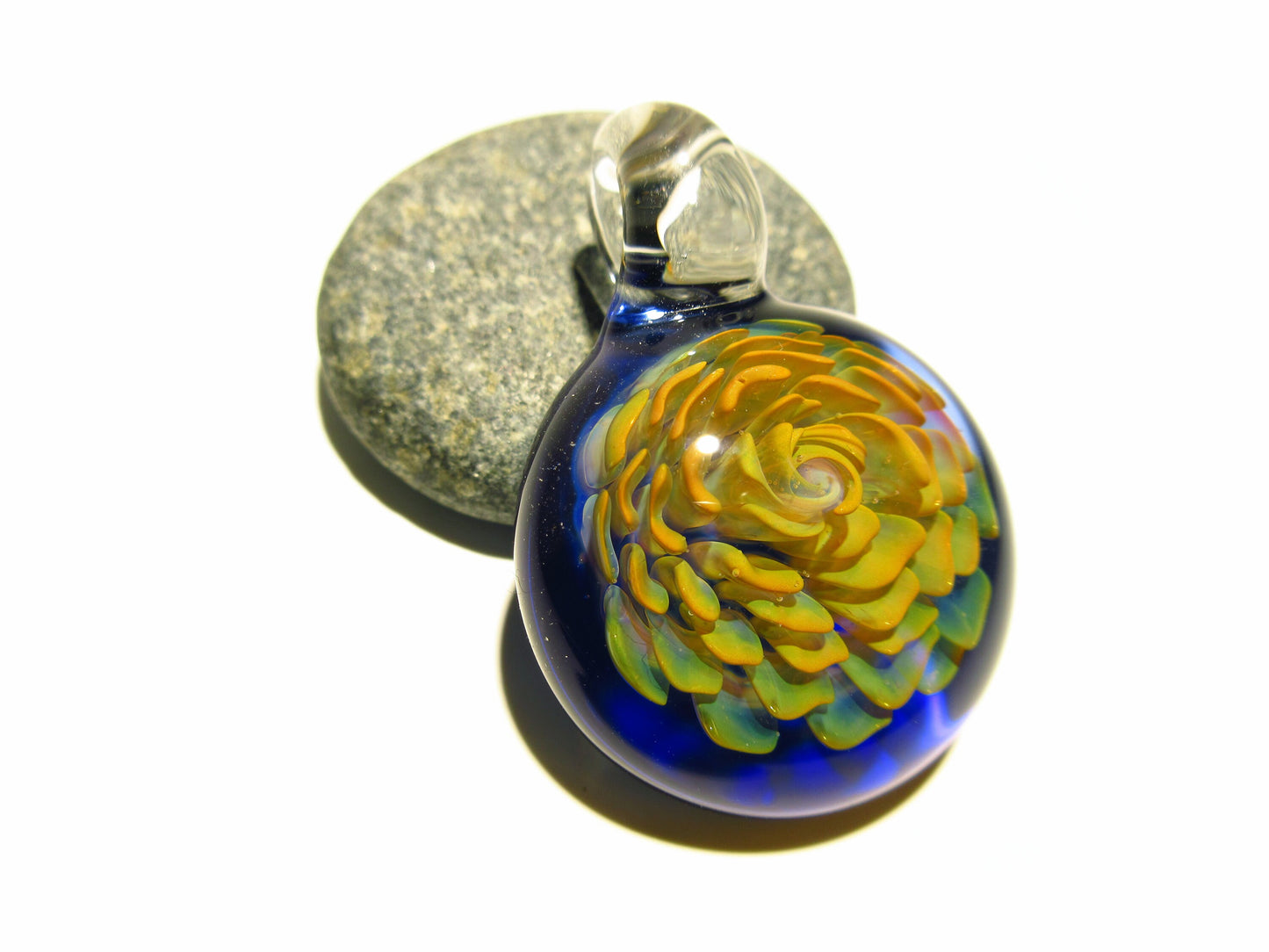 Glass Flower - Pendant - A Handcrafted Glass Art Focal Bead made by Michaela  - Flower with Cobal Blue Glass Background. Pendant Necklace.