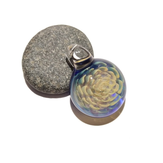 3D Flower Pendant - Handblown Glass Necklace - Gold And Silver Fume - Yellow and Blue - Heady Pendant - Unique Focal Bead - Boro