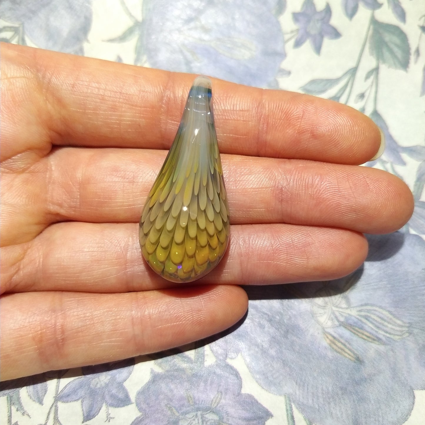 Feather & Flower Design- Handblown Jewelry - Unique Gift Glass - Creative Flocal Pendant - Teardrop Shape - Sunset Colors - 3D Glass Art
