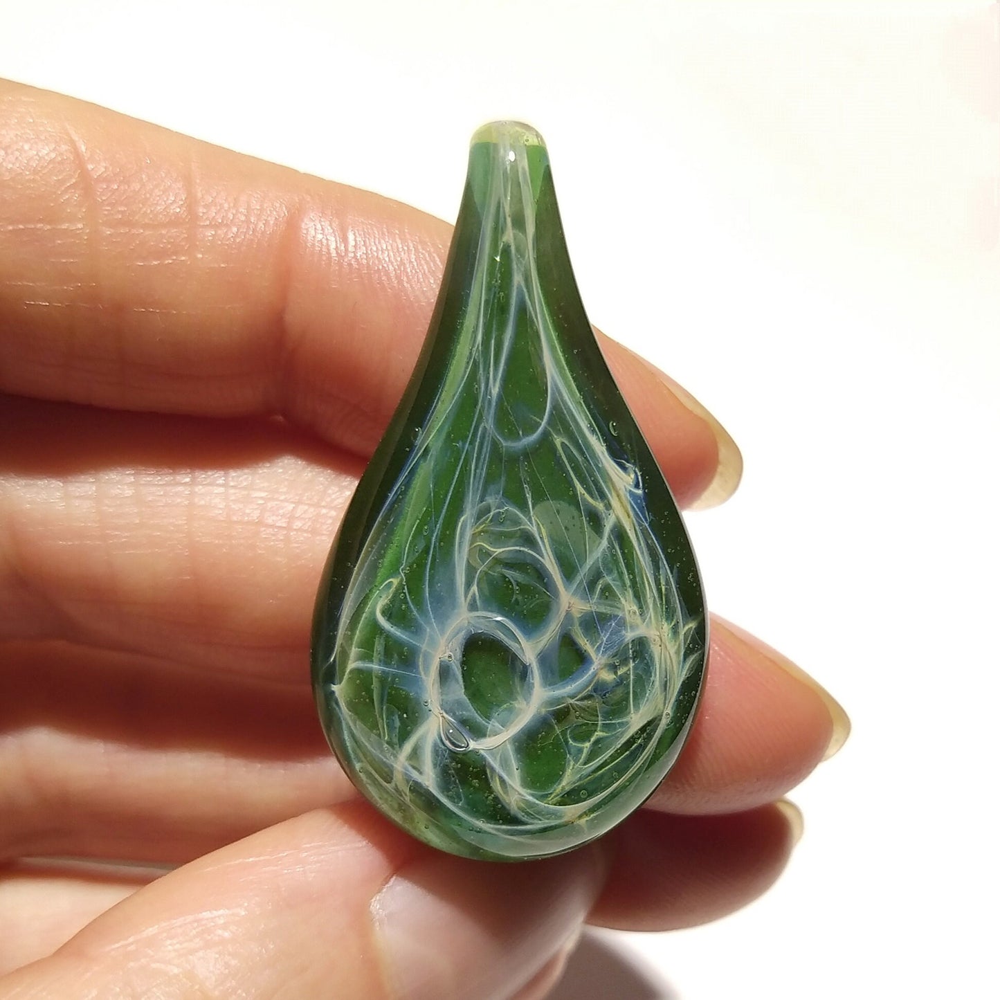 Water Drop Pendant, Green Teardrop Glass, Blown Glass Pendant, Web Necklace, Hipster Necklace, Anniversary Gift, Free Shipping