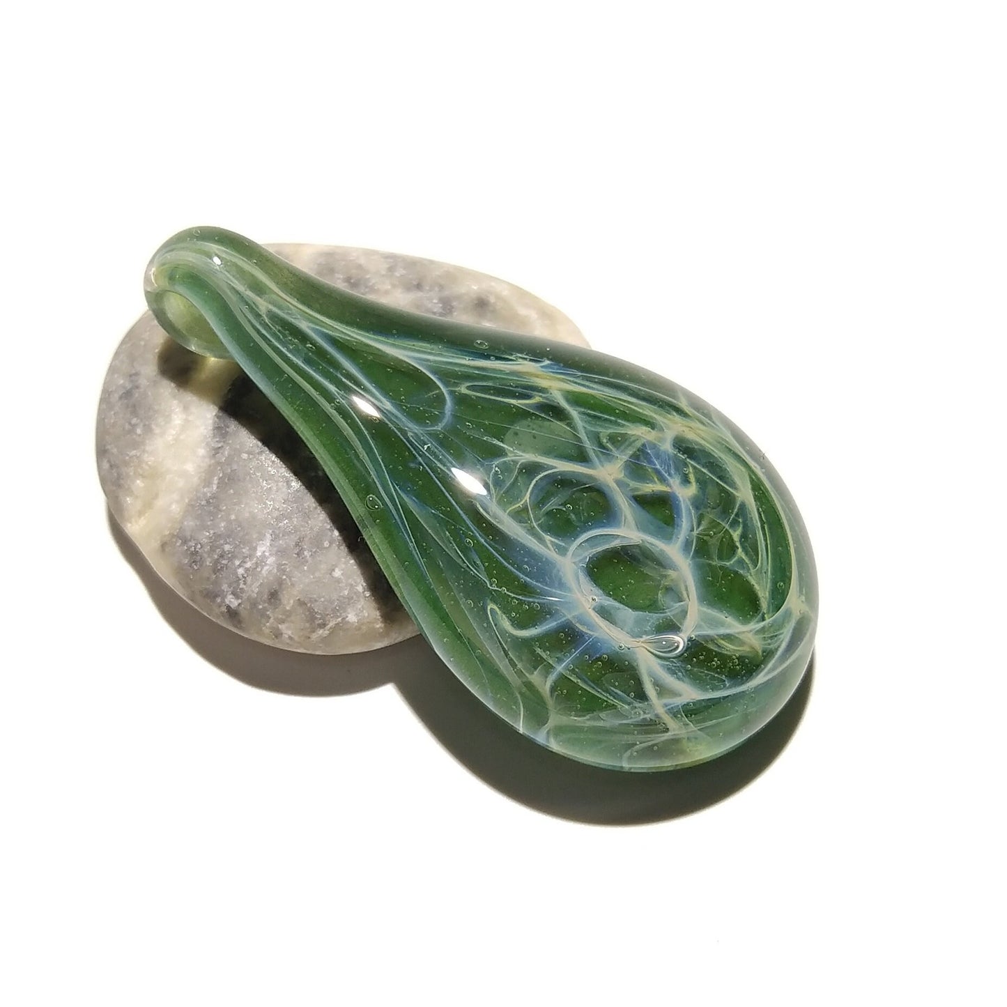Water Drop Pendant, Green Teardrop Glass, Blown Glass Pendant, Web Necklace, Hipster Necklace, Anniversary Gift, Free Shipping