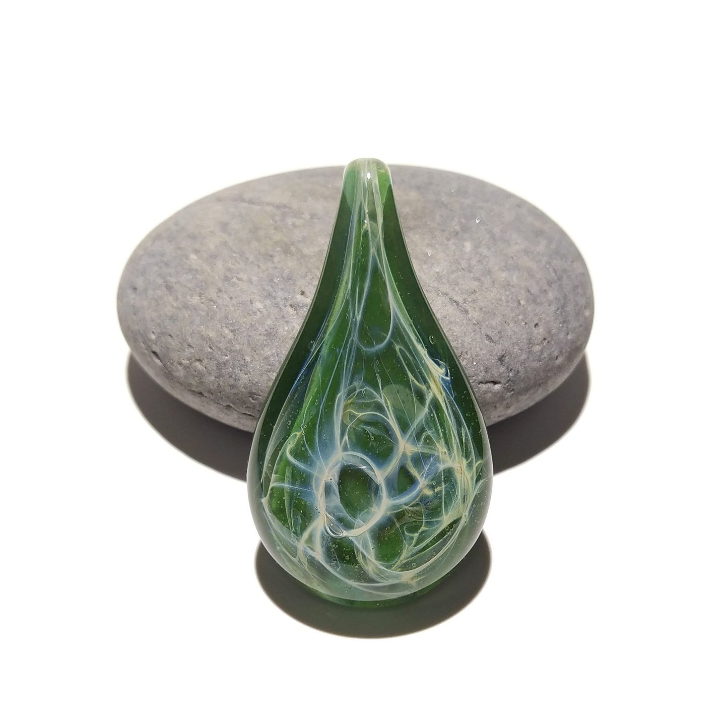 Water Drop Pendant, Green Teardrop Glass, Blown Glass Pendant, Web Necklace, Hipster Necklace, Anniversary Gift, Free Shipping
