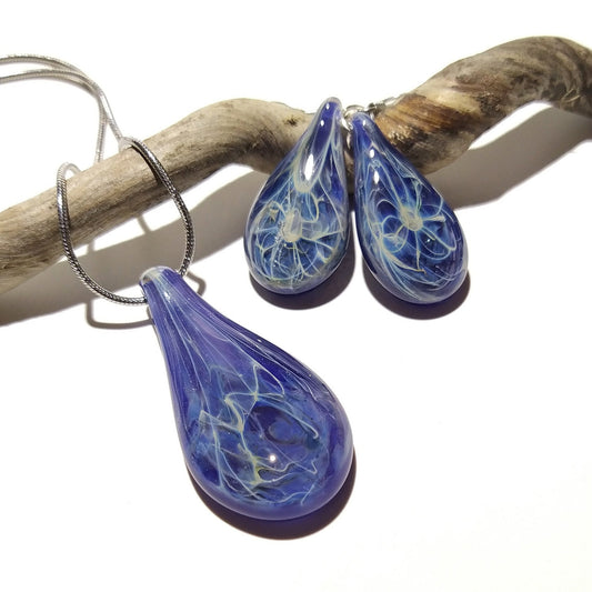 Purple Amethyst Teardrops -Glass Necklace & Earring Set -Perfect Gift -Trending Jewelry -Handmade Glass -Raindrops - Blown Glass