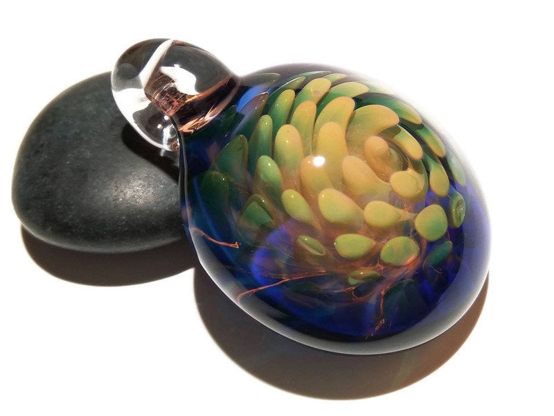 Sacred Flower Implosion Pendant - Hand Blown Glass Pendant - Handcrafted - Glass Art - Unique Necklace - Pure Gold with Cobalt