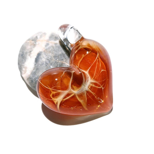 Tangerine Golden Heart Pendant - Love - Anniversary Gift for Her - Handmade Glass Jewelry - Gold Fume - Follow Your Heart - Charm Necklace