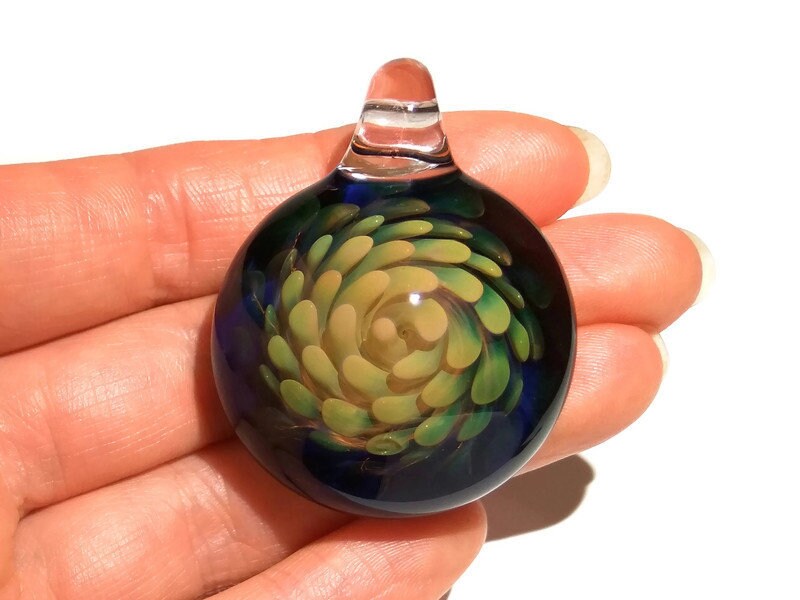 Sacred Flower Implosion Pendant - Hand Blown Glass Pendant - Handcrafted - Glass Art - Unique Necklace - Pure Gold with Cobalt