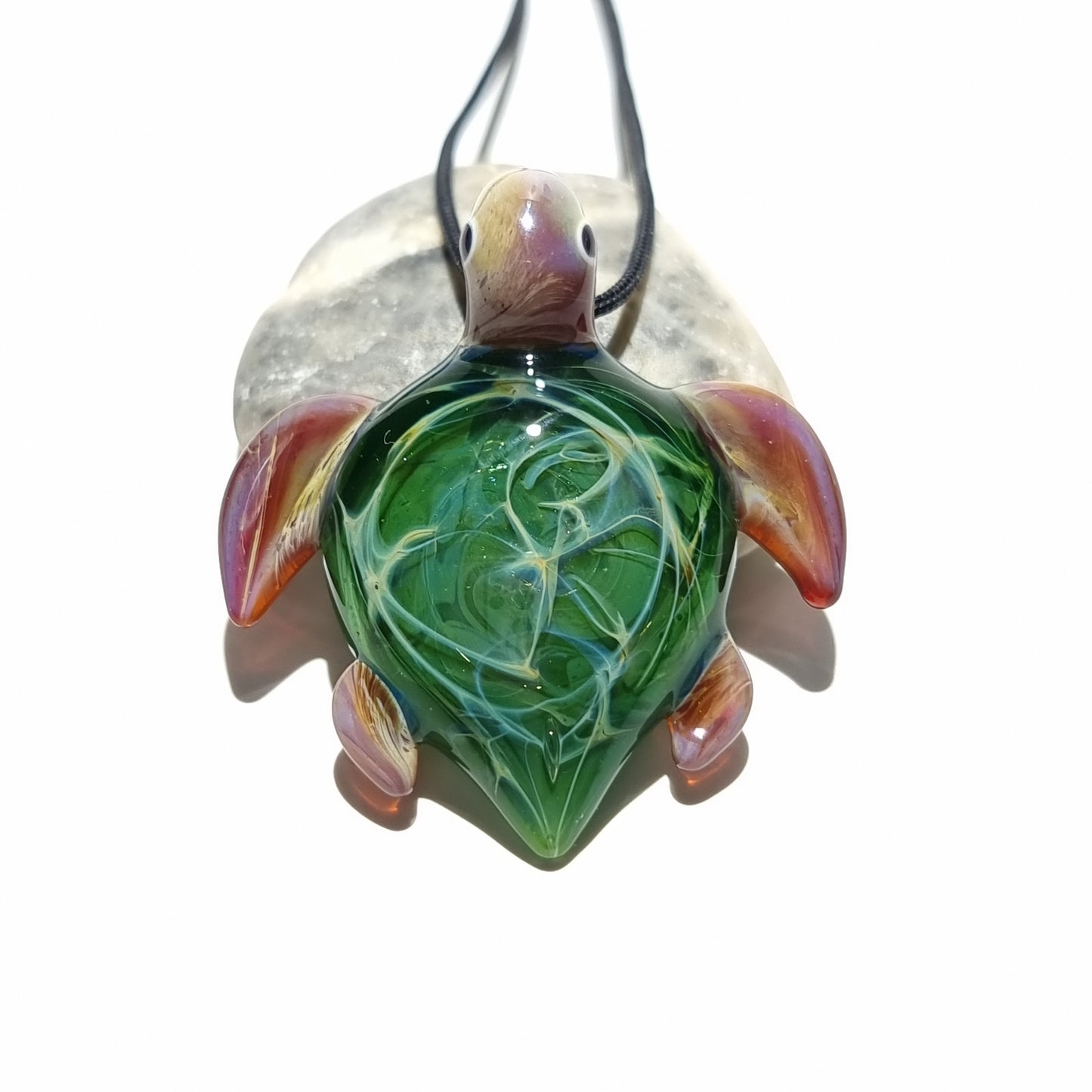 Miniture Water Fern Turtle Pendant - Glass Pendant -Glass Jewelry - Glass Art - Turtle -Blown Glass - Artist Signed - Details of Pure Silver