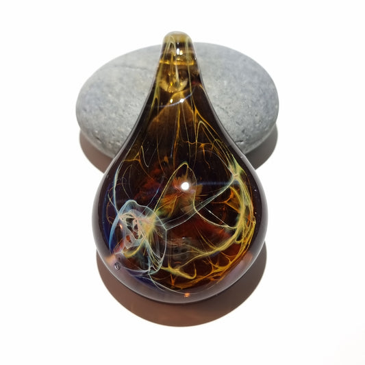 Glass Teardrop Necklace, Blown Glass Pendant, Abstract Glass Art, Best Selling , Unique Black and Orange Energy Jewelry, Free Shipping