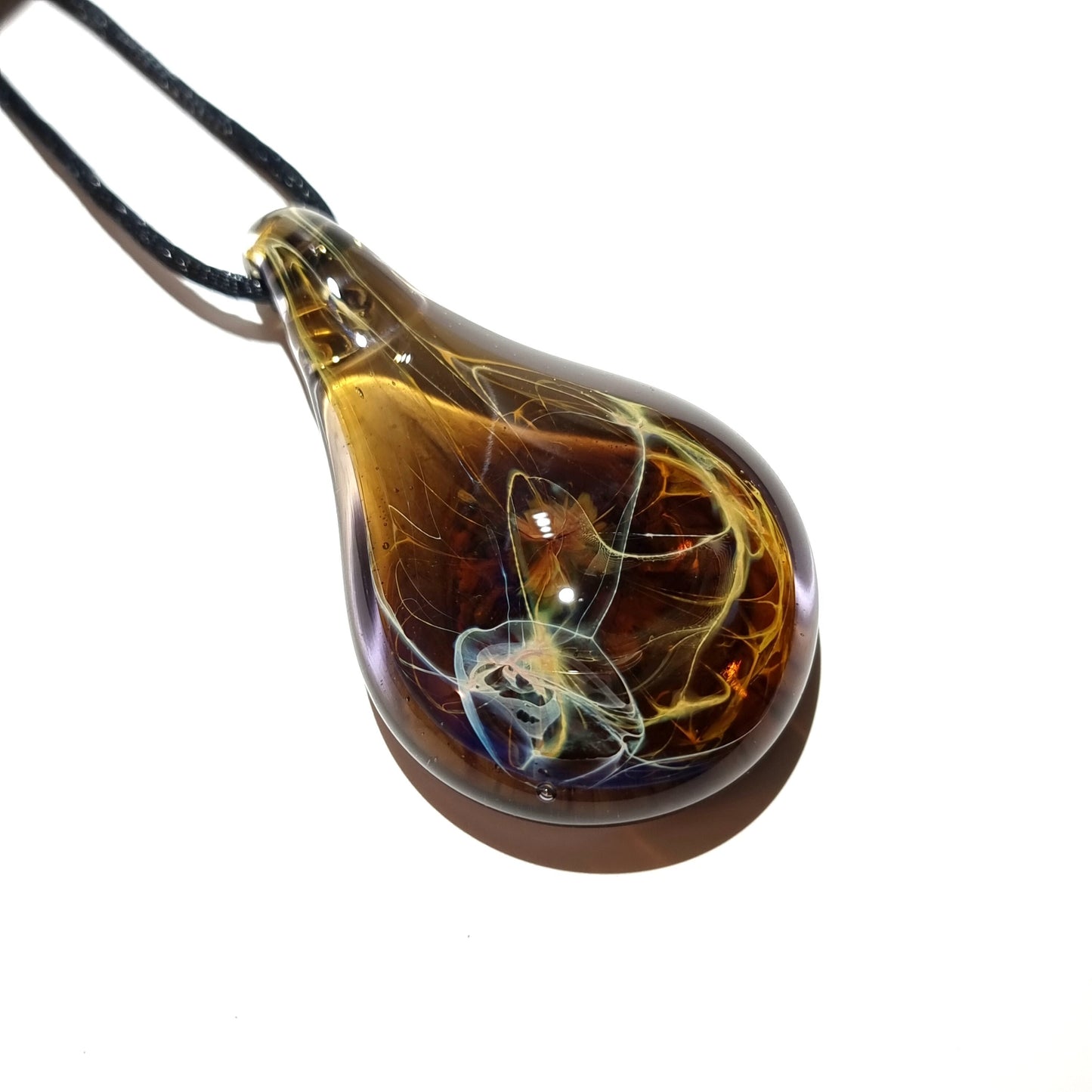 Glass Teardrop Necklace, Blown Glass Pendant, Abstract Glass Art, Best Selling , Unique Black and Orange Energy Jewelry, Free Shipping