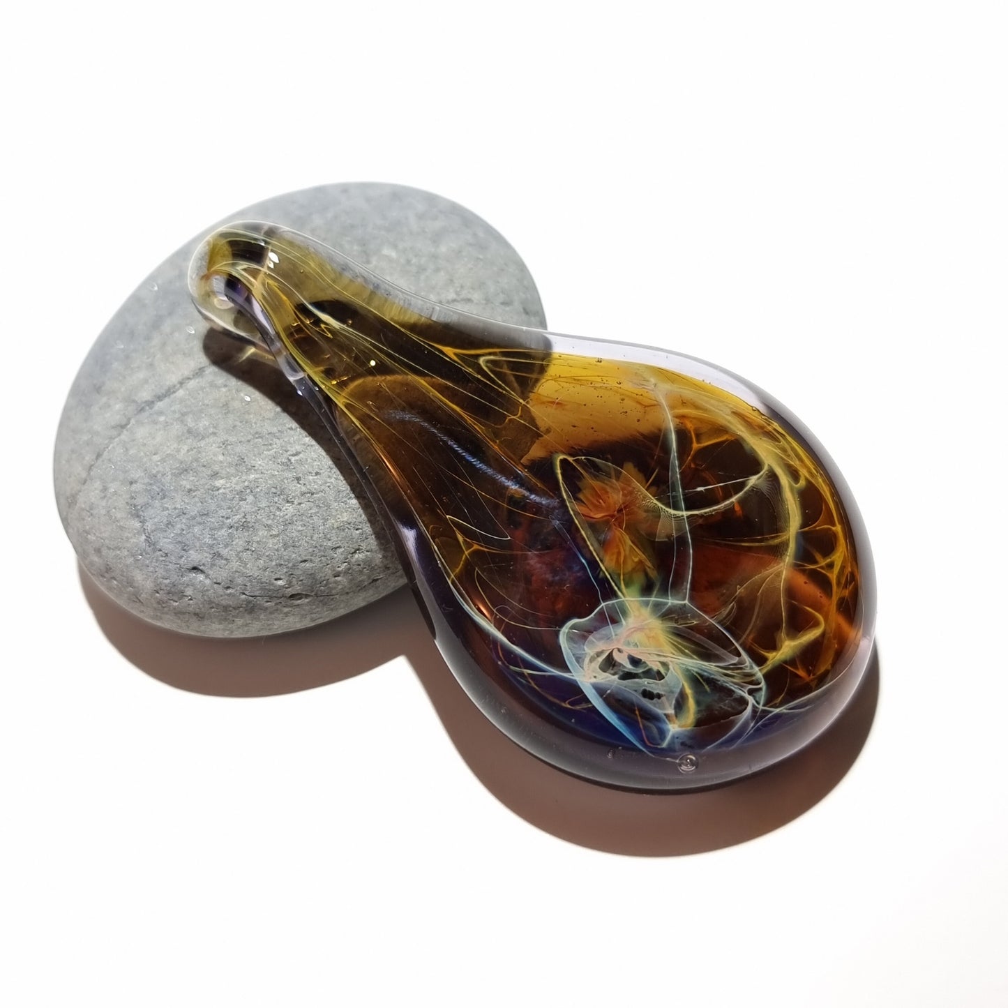 Glass Teardrop Necklace, Blown Glass Pendant, Abstract Glass Art, Best Selling , Unique Black and Orange Energy Jewelry, Free Shipping