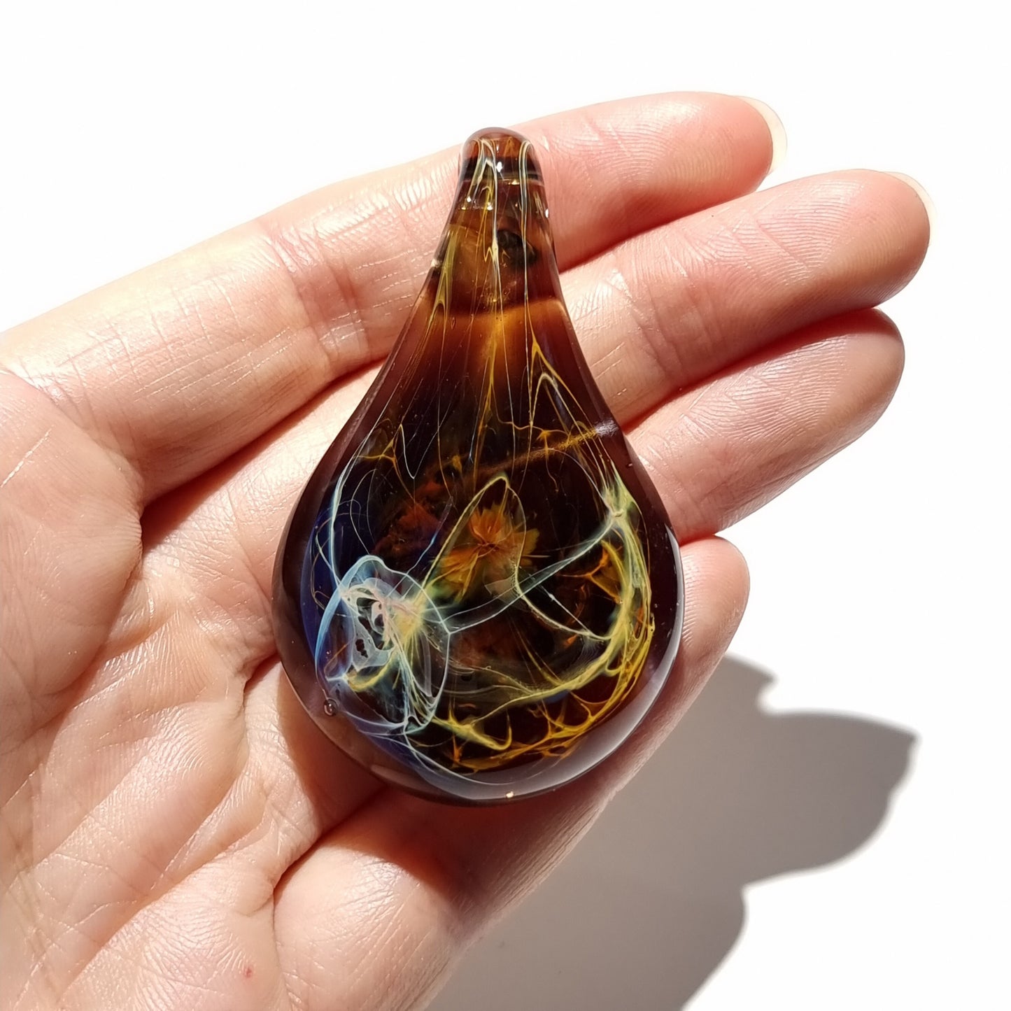 Glass Teardrop Necklace, Blown Glass Pendant, Abstract Glass Art, Best Selling , Unique Black and Orange Energy Jewelry, Free Shipping
